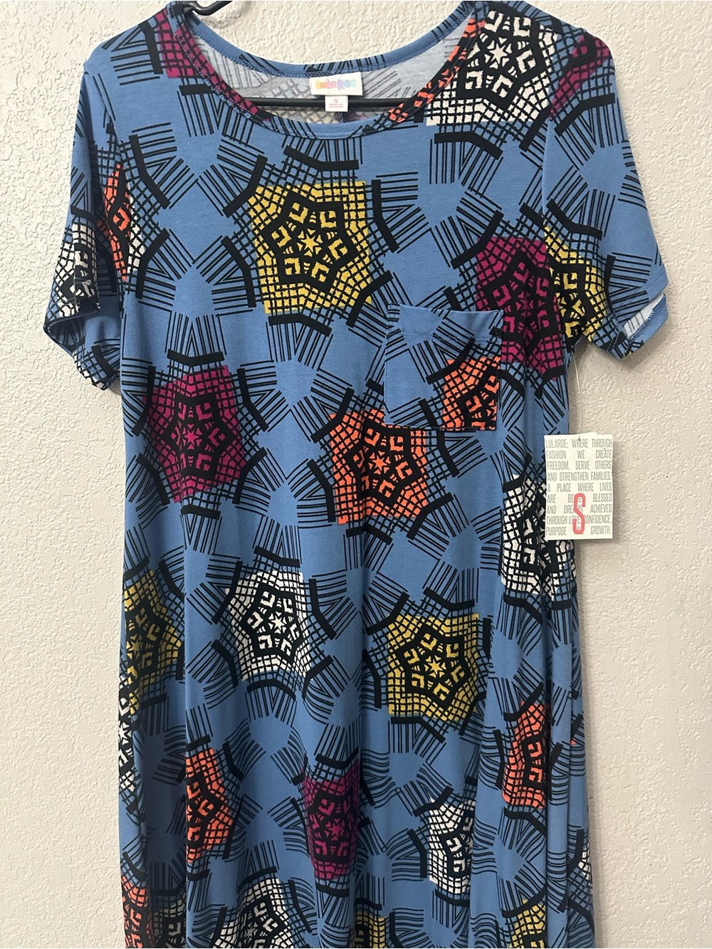 Blue Geometric Pocket Dress with Multicolor Starburst Print